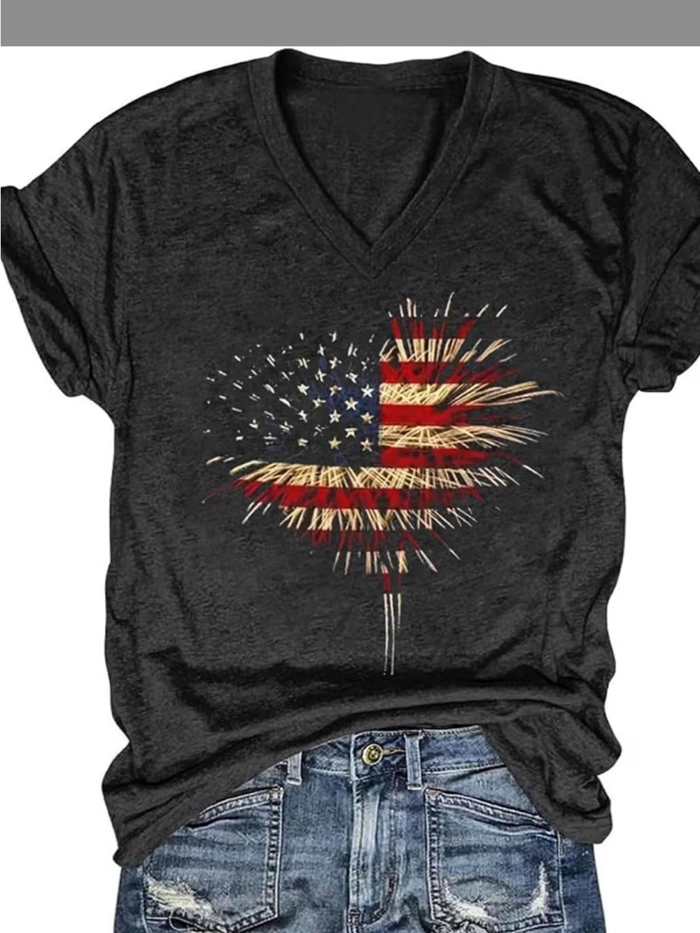 Dark Gray V-Neck Tee with American Flag Firework Graphic